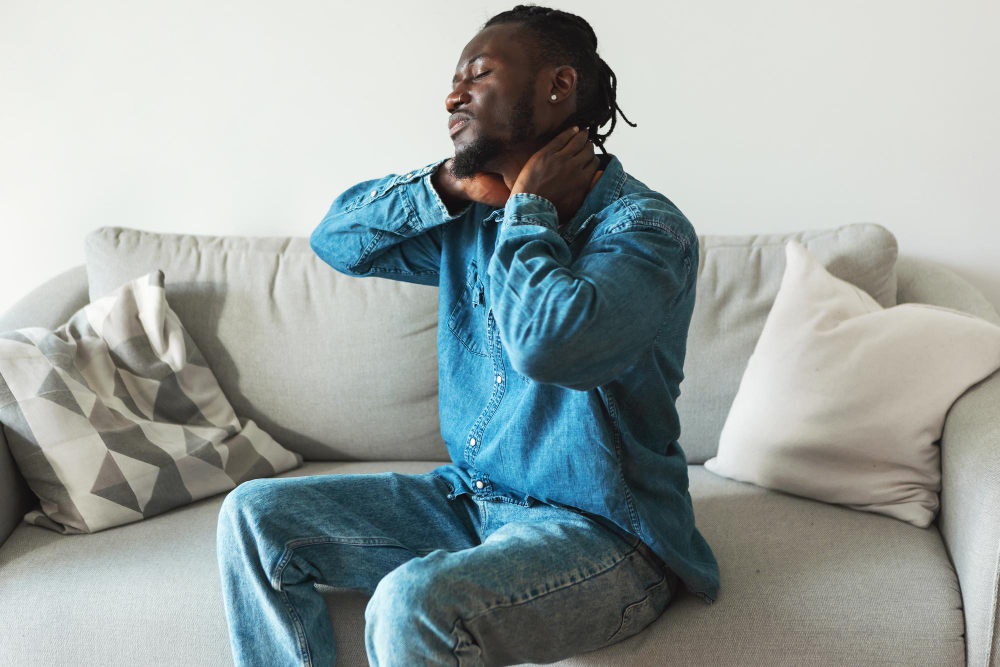 Unhappy african american man suffering from neck pain sitting indoor