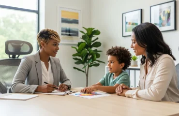 A realistic, horizontal photo of an African American therapist in a bright, modern office, supporting a parent and child during an ADHD evaluation. The therapist is warm and attentive, with notes or a clipboard in hand, creating a professional yet compassionate atmosphere. The child looks engaged while the parent listens carefully, symbolizing family-centered ADHD care. The environment feels calming, with natural light and comfortable furniture. Reality photography style, horizontal banner composition.