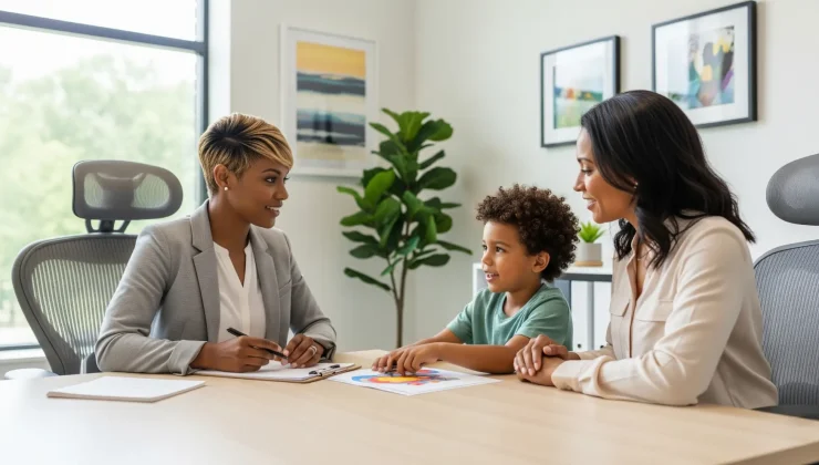 A realistic, horizontal photo of an African American therapist in a bright, modern office, supporting a parent and child during an ADHD evaluation. The therapist is warm and attentive, with notes or a clipboard in hand, creating a professional yet compassionate atmosphere. The child looks engaged while the parent listens carefully, symbolizing family-centered ADHD care. The environment feels calming, with natural light and comfortable furniture. Reality photography style, horizontal banner composition.