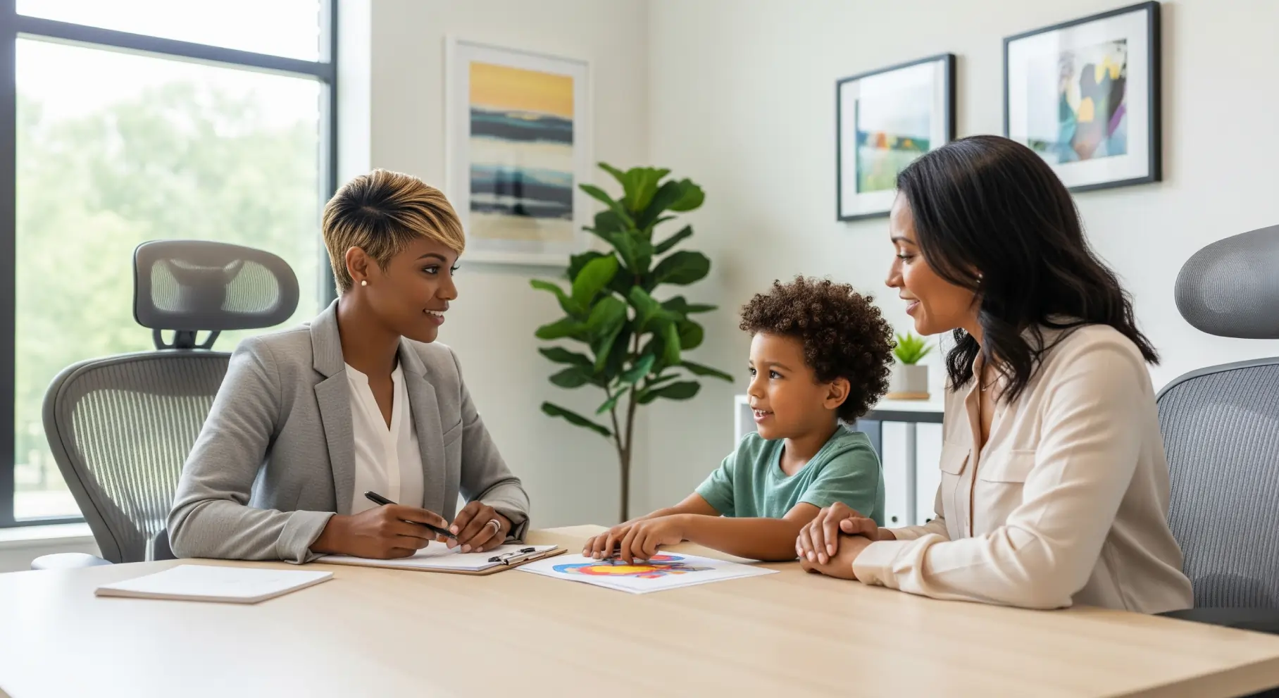 A realistic, horizontal photo of an African American therapist in a bright, modern office, supporting a parent and child during an ADHD evaluation. The therapist is warm and attentive, with notes or a clipboard in hand, creating a professional yet compassionate atmosphere. The child looks engaged while the parent listens carefully, symbolizing family-centered ADHD care. The environment feels calming, with natural light and comfortable furniture. Reality photography style, horizontal banner composition.