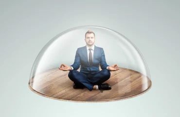 Businessman in a suit under a glass dome The concept of mental health risk assessment protection strategy plan