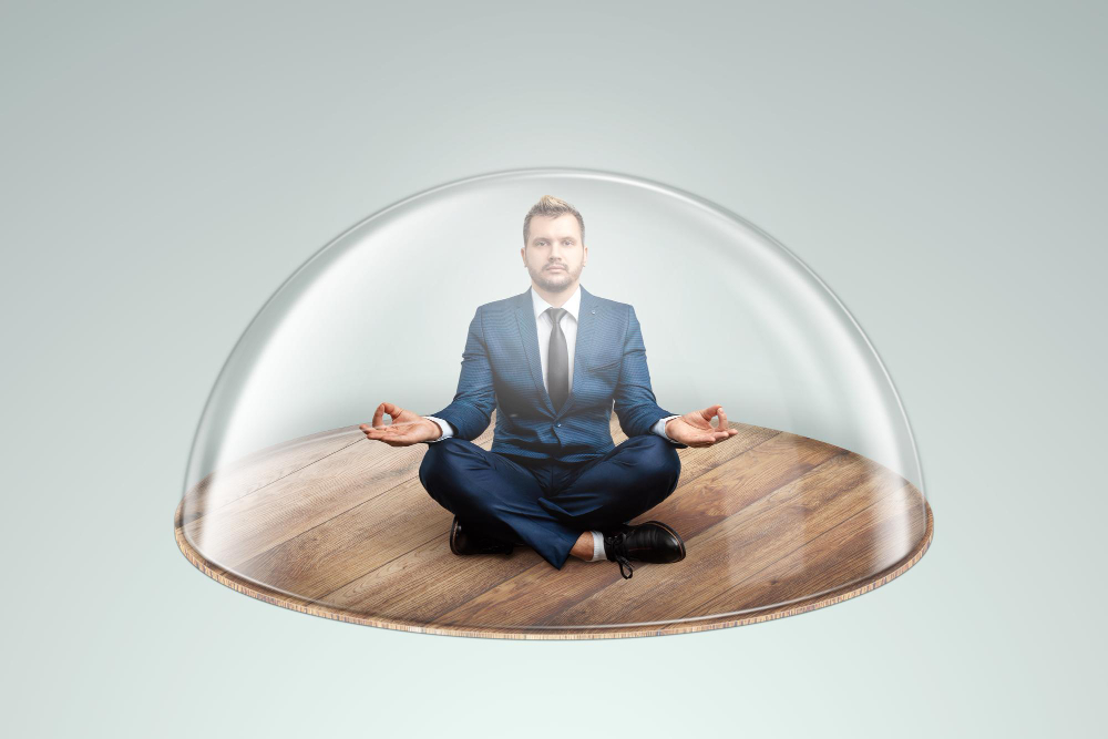 Businessman in a suit under a glass dome The concept of mental health risk assessment protection strategy plan