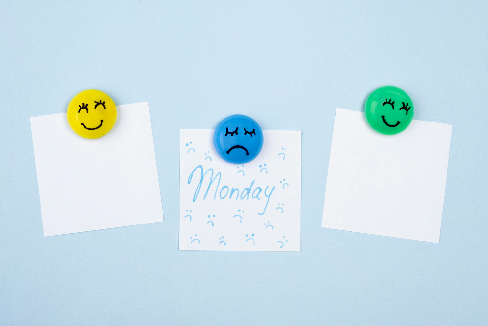 Top view of sticky notes with sad face for blue monday and smiley faces