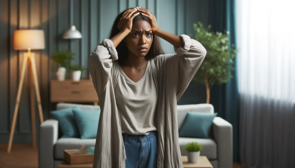 African American woman experiencing panic disorder in a modern living room setting