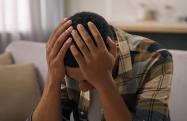 Anxious, stressed, sad, upset African American man suffering from panic attacks and panic disorder