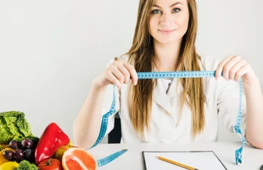Smiling female dietician holding measuring tape with healthy food on desk