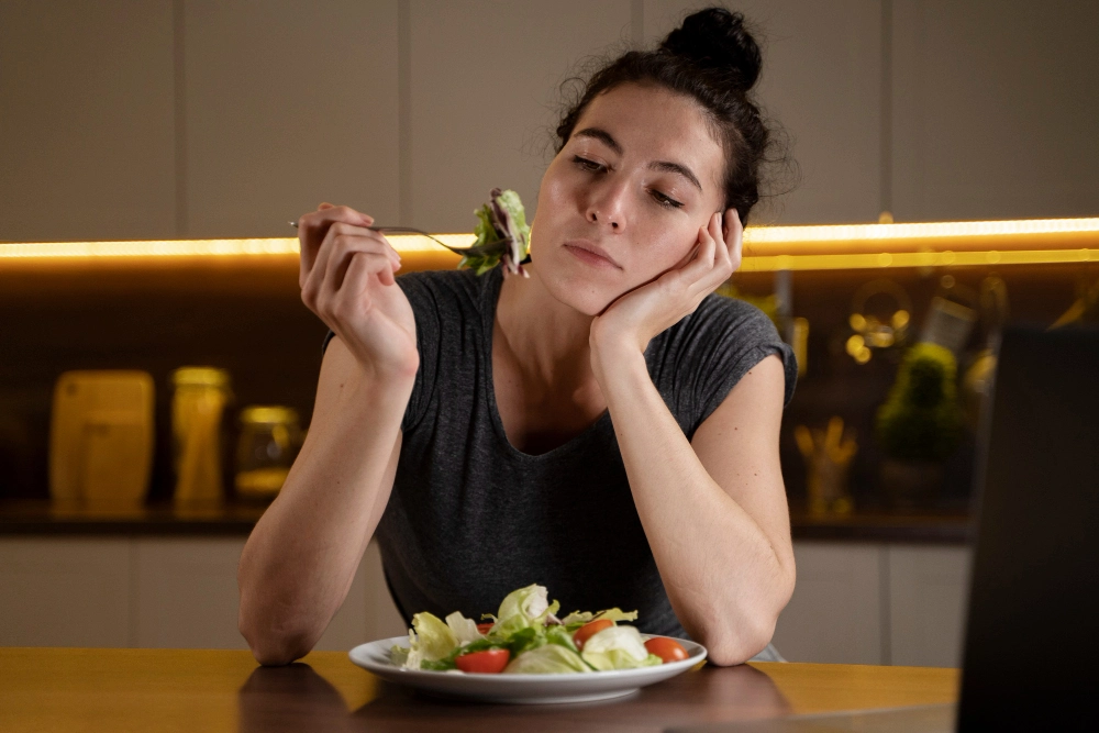 Woman trying to eat healthy at home