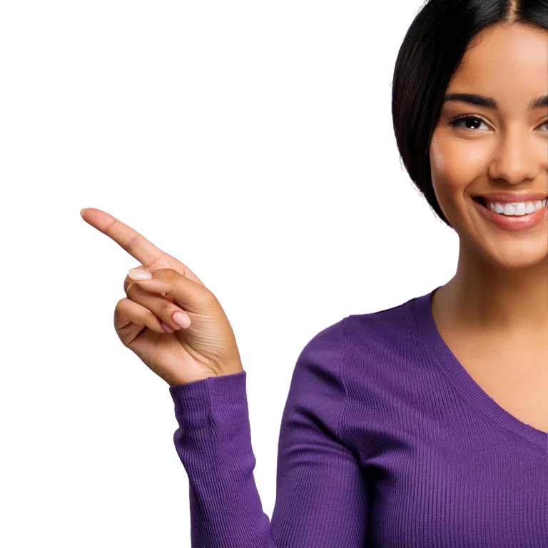 A woman pointing to the right with a purple shirt that says quot she is pointing to the right quot