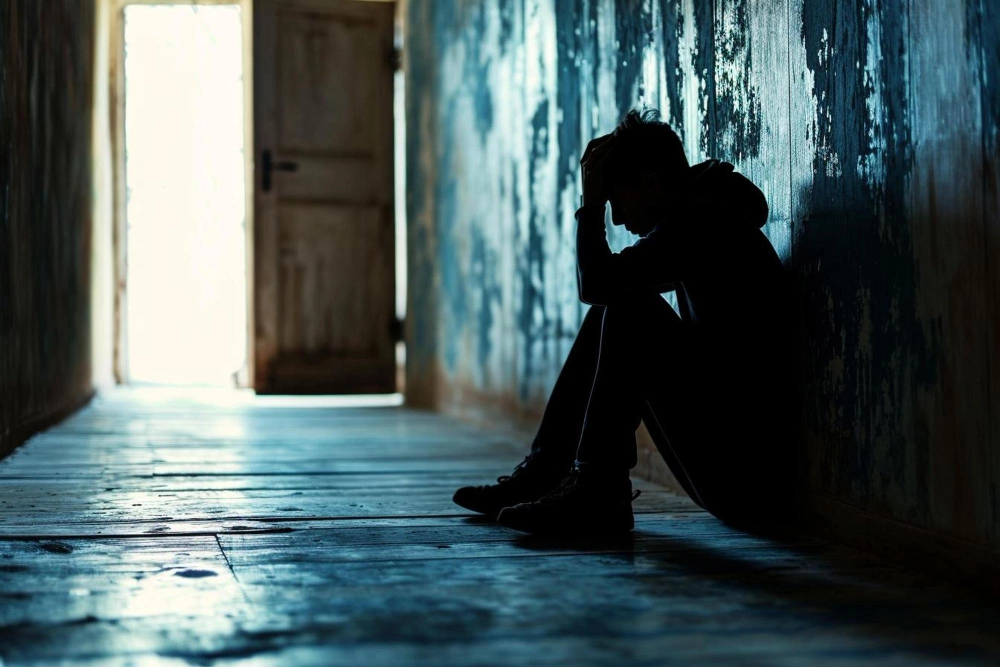 A person with Depressive sitting against a wall in a dark room