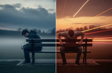 A thoughtful, solitary figure sitting on a park bench at dusk, half of the scene bathed in cool, muted blues and grays to represent depression—heavy clouds overhead, drooping posture, mist rising from the ground—while the other half shimmers with tense, warm oranges and reds to represent anxiety—tense muscles, restless hands gripping the bench, hazy streaks of light zipping through the air; realistic style, cinematic lighting, shallow depth of field, 16:9 aspect ratio.