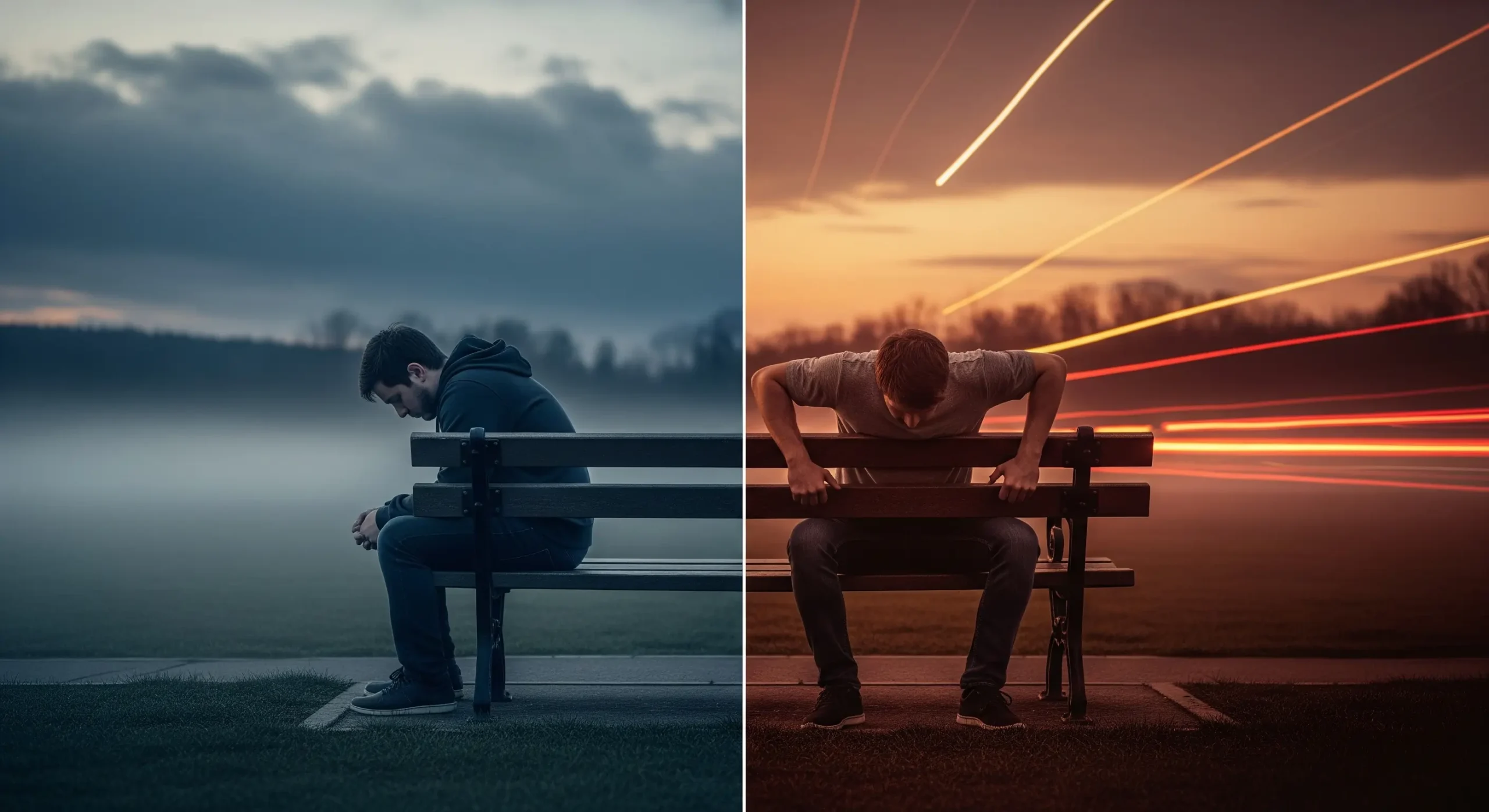 A thoughtful, solitary figure sitting on a park bench at dusk, half of the scene bathed in cool, muted blues and grays to represent depression—heavy clouds overhead, drooping posture, mist rising from the ground—while the other half shimmers with tense, warm oranges and reds to represent anxiety—tense muscles, restless hands gripping the bench, hazy streaks of light zipping through the air; realistic style, cinematic lighting, shallow depth of field, 16:9 aspect ratio.