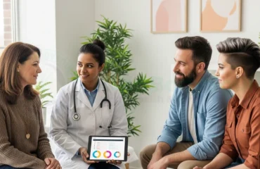 compassionate healthcare provider in a modern clinic gently consulting with a diverse group of patients — a woman in her 50s, a man in his 40s, and a younger transgender individual - all appearing comfortable and engaged in discussion. The provider holds a digital tablet showing test results, symbolizing personalized hormone care. The setting is bright, professional, and welcoming, with natural light and subtle wellness elements (plants, soft tones). The mood conveys balance, vitality, and empowerment — representing safe, bioidentical hormone therapy for women, men, and gender-diverse patients.