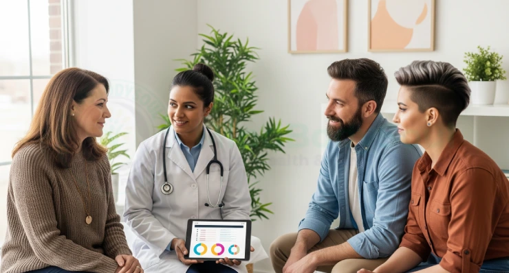 compassionate healthcare provider in a modern clinic gently consulting with a diverse group of patients — a woman in her 50s, a man in his 40s, and a younger transgender individual - all appearing comfortable and engaged in discussion. The provider holds a digital tablet showing test results, symbolizing personalized hormone care. The setting is bright, professional, and welcoming, with natural light and subtle wellness elements (plants, soft tones). The mood conveys balance, vitality, and empowerment — representing safe, bioidentical hormone therapy for women, men, and gender-diverse patients.