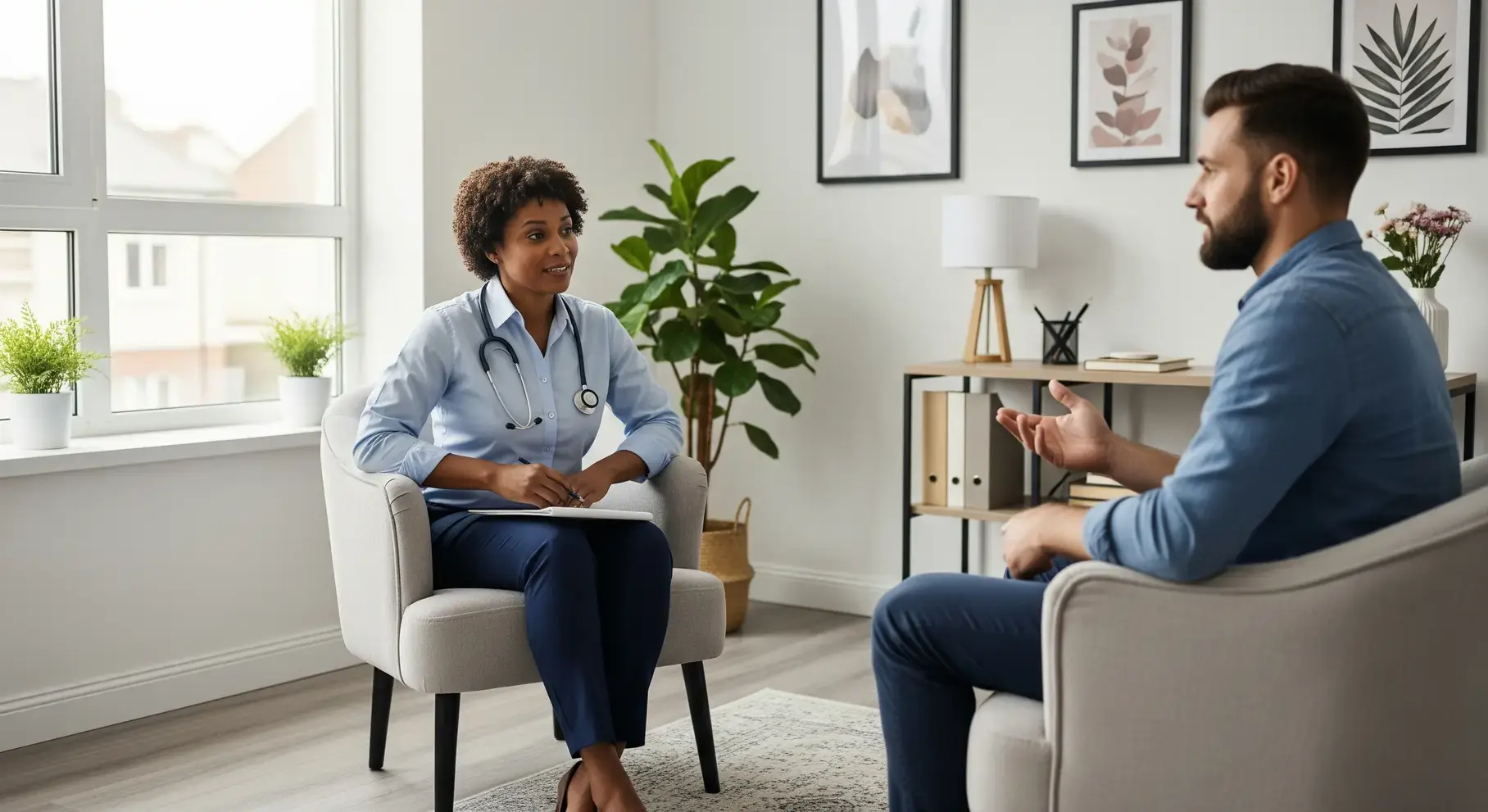 A realistic, horizontal photo of an African American psychiatrist talking with a patient in a bright, modern clinic office. The setting feels professional yet warm, with natural light, calming décor, and comfortable seating. The psychiatrist is listening attentively, creating a supportive and caring atmosphere. The mood conveys hope, trust, and healing. Horizontal banner style, reality photography look.