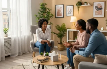 A realistic, horizontal photo of an African American therapist in a bright, welcoming office, sitting with clients in a warm and supportive setting. The therapist is engaged and compassionate, creating a safe space for healing. The environment feels modern and calming, with natural light and comfortable seating. The mood emphasizes trust, connection, and holistic care. Reality photography style, horizontal banner composition.