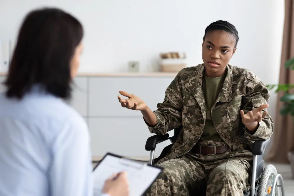 Military uniform with VA Disability Benefits Questionnaire (DBQ)