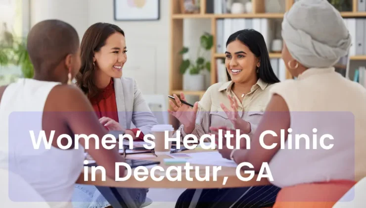 A diverse group of adult women (different ages, body types, and ethnicities) sitting in a bright, modern clinic space, laughing or talking with a provider.
