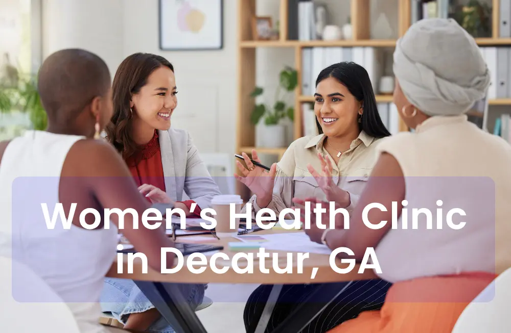 A diverse group of adult women (different ages, body types, and ethnicities) sitting in a bright, modern clinic space, laughing or talking with a provider.