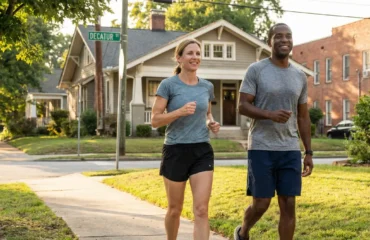 Diverse middle-aged man and woman walking outdoors in an Atlanta / Decatur neighborhood, looking energized and confident, subtle weight-loss and fitness results, casual athletic wear, warm afternoon light, trees and city elements in the background, lifestyle wellness feel, horizontal layout