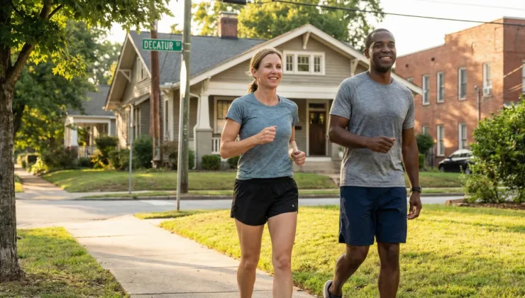Diverse middle-aged man and woman walking outdoors in an Atlanta / Decatur neighborhood, looking energized and confident, subtle weight-loss and fitness results, casual athletic wear, warm afternoon light, trees and city elements in the background, lifestyle wellness feel, horizontal layout