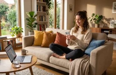 A cozy, sunlit living room. A woman is sitting comfortably on a soft beige couch, holding a smartphone and looking relieved and relaxed. On the coffee table next to her is a clear glass of pure water and a laptop. Warm, natural lighting, modern and inviting interior design, peaceful and comforting atmosphere.