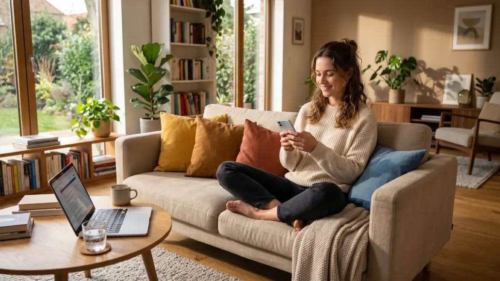 A cozy, sunlit living room. A woman is sitting comfortably on a soft beige couch, holding a smartphone and looking relieved and relaxed. On the coffee table next to her is a clear glass of pure water and a laptop. Warm, natural lighting, modern and inviting interior design, peaceful and comforting atmosphere.